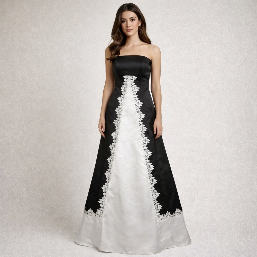 Vintage Jessica McClintock Black White Strapless Formal Gown Satin Y2K Prom 2